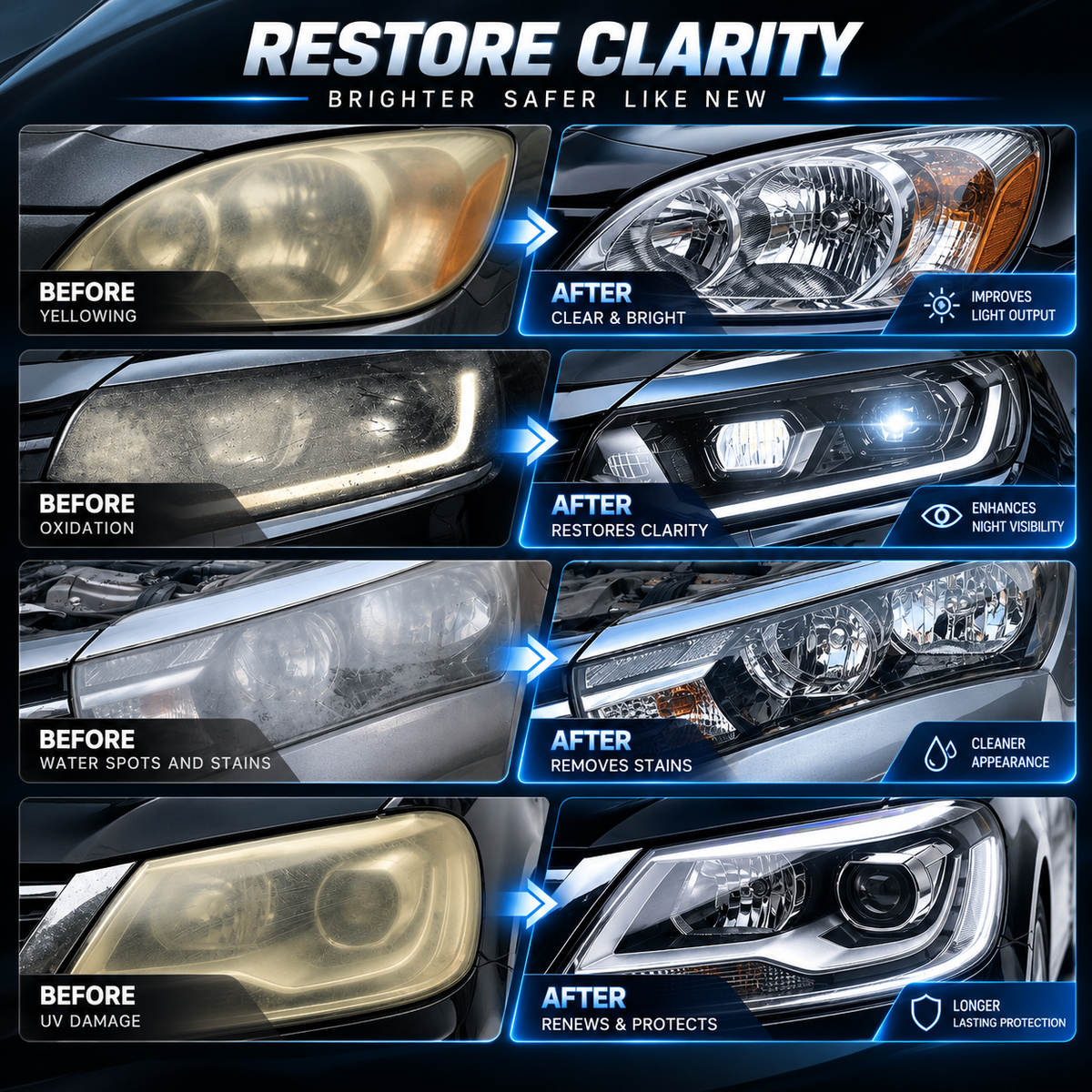 🔥 Headlight Restoration Kit – Restore Cloudy & Yellow Headlights with UV Protection ✨