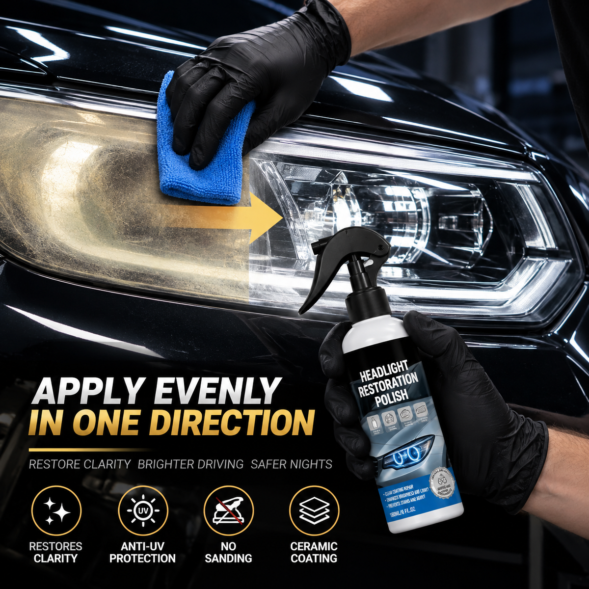 🔥 Headlight Restoration Kit – Restore Cloudy & Yellow Headlights with UV Protection ✨